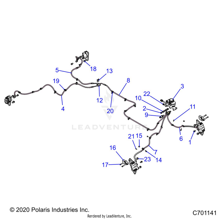 An Image of a Genuine Polaris Parts Schematic Diagram showing the schematic - BRAKES: BRAKE LINES & MASTER CYLINDER - 2023 POLARIS RANGER CREW XP 1000 NORTHSTAR ULTIMATE