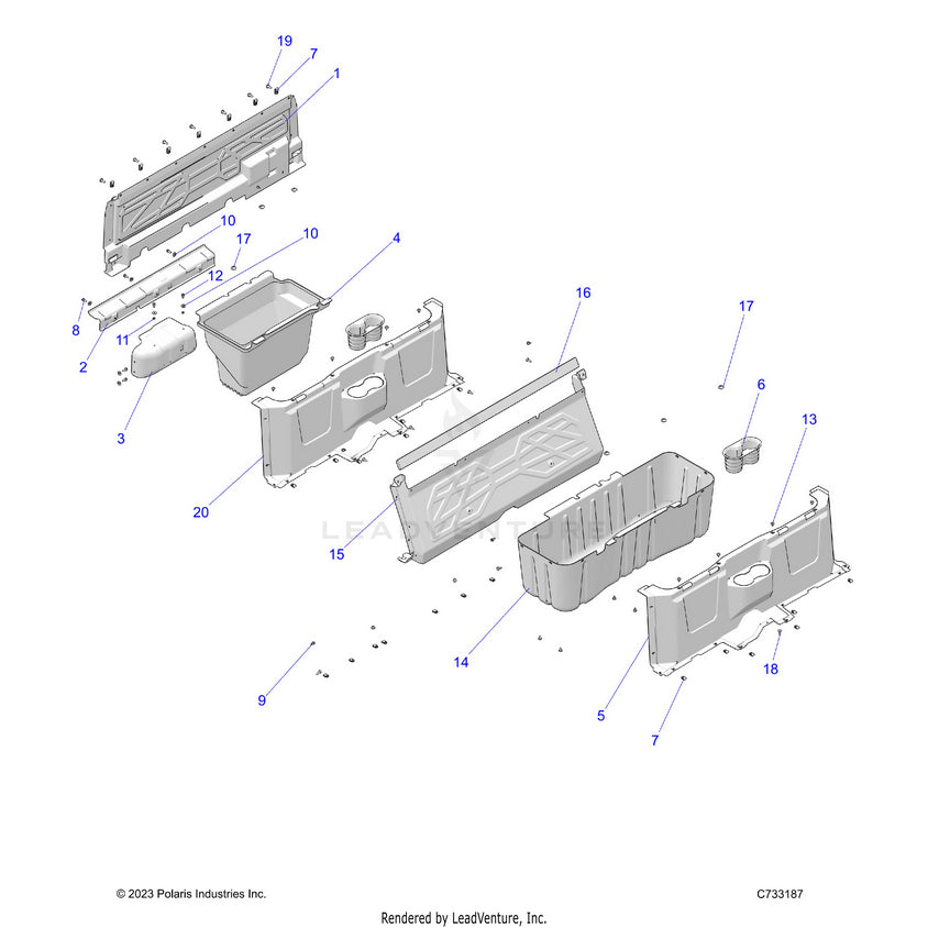 An Image of a Genuine Polaris Parts Schematic Diagram showing the schematic - BODY: FLOOR CLOSEOFFS & BIN - 2024 POLARIS RANGER 570 CREW