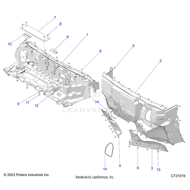 An Image of a Genuine Polaris Parts Schematic Diagram showing the schematic - BODY: HOOD LINER & FRONT CLOSEOFF - 2024 POLARIS RANGER XD 1500 PREMIUM