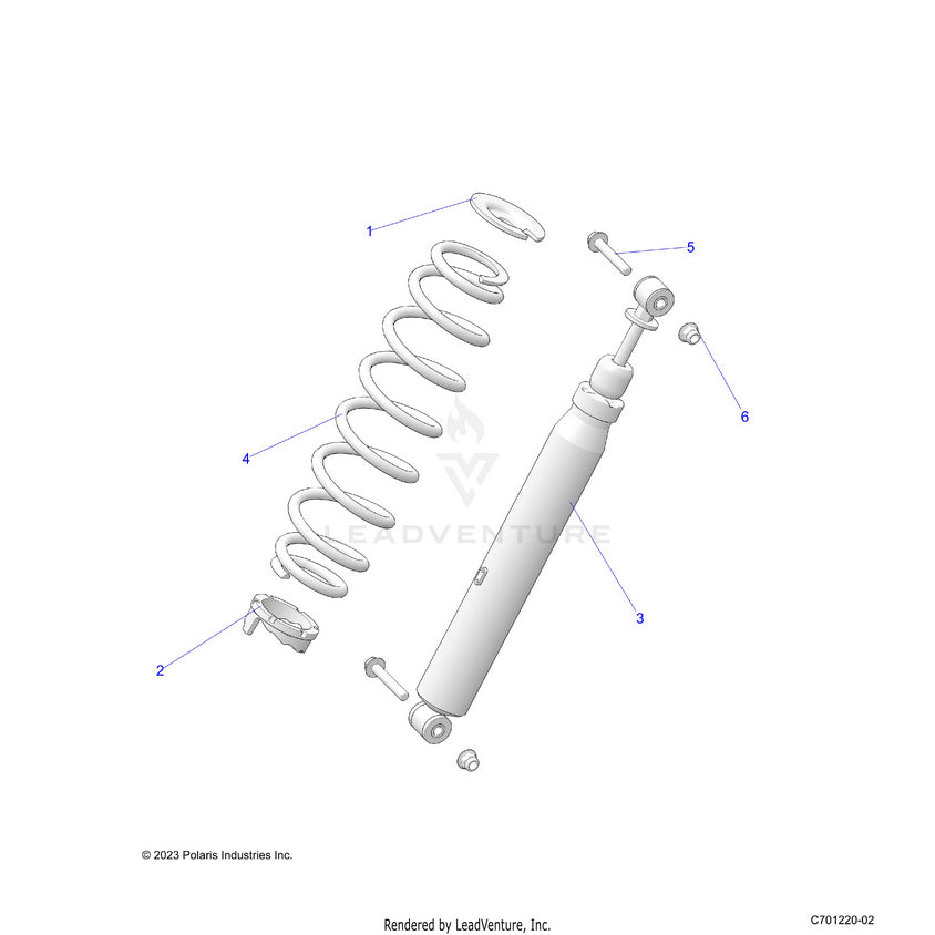 An Image of a Genuine Polaris Parts Schematic Diagram showing the schematic - SUSPENSION: REAR SHOCK MOUNTING - 2024 POLARIS RANGER 1000 PREMIUM