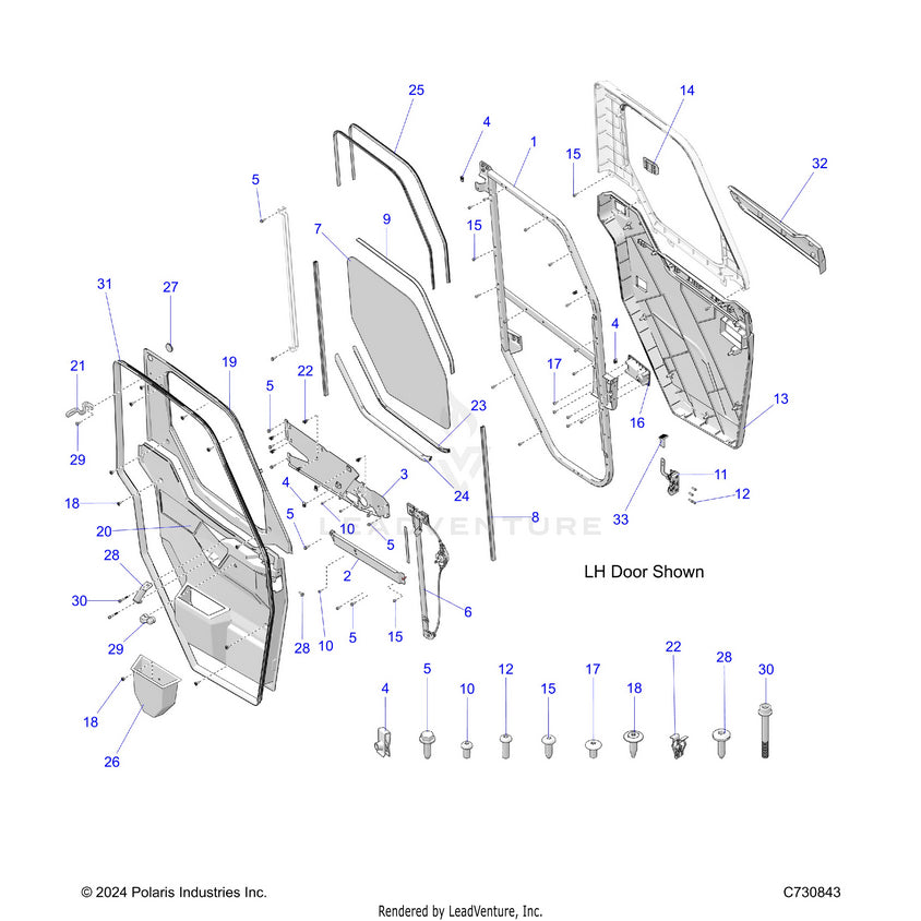 An Image of a Genuine Polaris Parts Schematic Diagram showing the schematic - BODY: DOOR FRONT CRANK - 2024 POLARIS RANGER 1000 XP CREW NORTHSTAR
