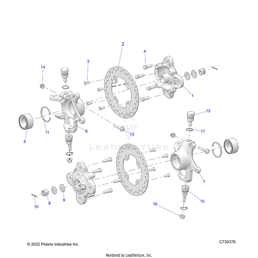 An Image of a Genuine Polaris Parts Schematic Diagram showing the schematic - SUSPENSION: FRONT HUB - 2025 POLARIS RANGER 1000 EPS