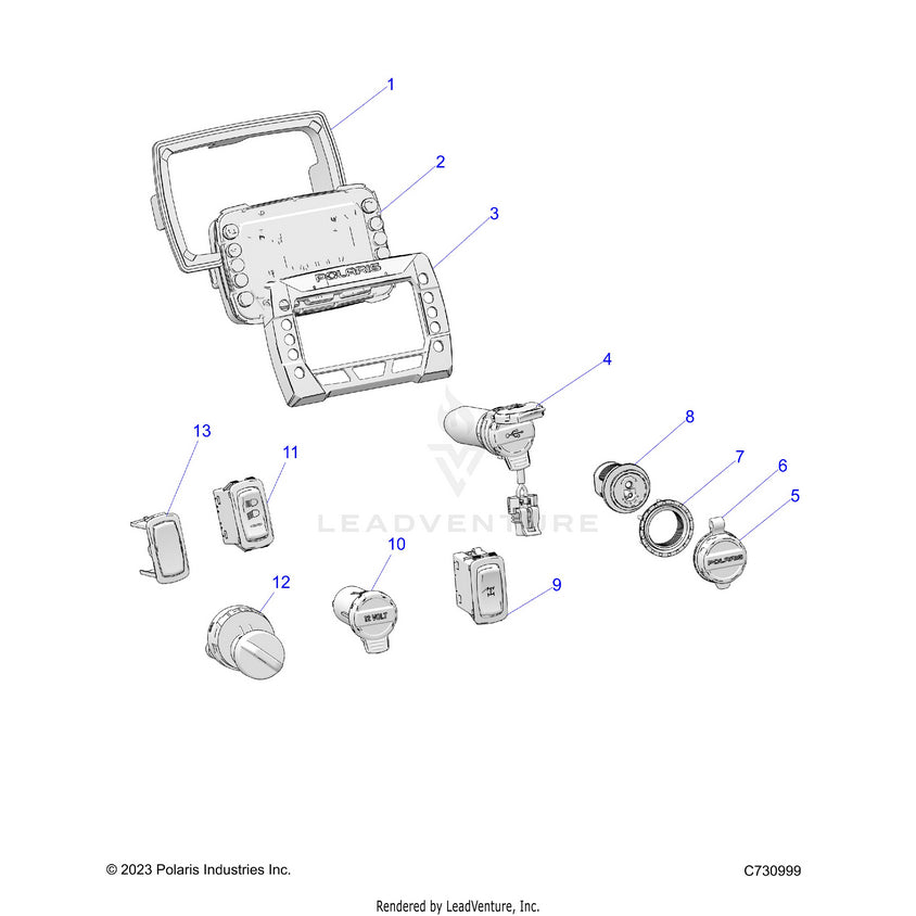 An Image of a Genuine Polaris Parts Schematic Diagram showing the schematic - ELECTRICAL: DASH INSTRUMENTS & CONTROLS - 2024 POLARIS RANGER 570 PREMIUM