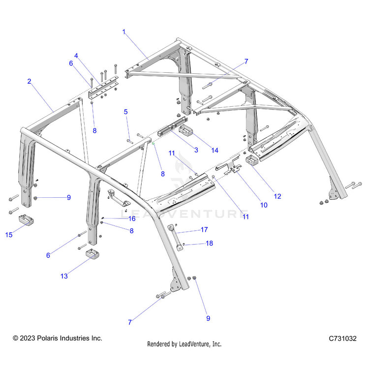 An Image of a Genuine Polaris Parts Schematic Diagram showing the schematic - CHASSIS: CAB FRAME - 2025 POLARIS RANGER XD 1500 NORTHSTAR ULTIMATE CREW