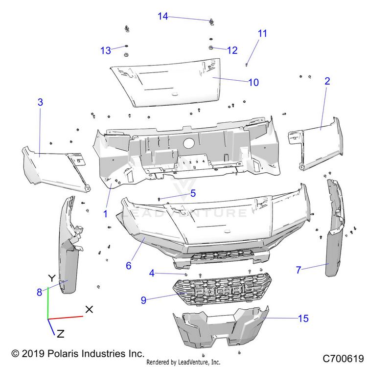An Image of a Genuine Polaris Parts Schematic Diagram showing the schematic - BODY: HOOD & FRONT FASCIA - 2023 POLARIS RANGER 1000 EPS