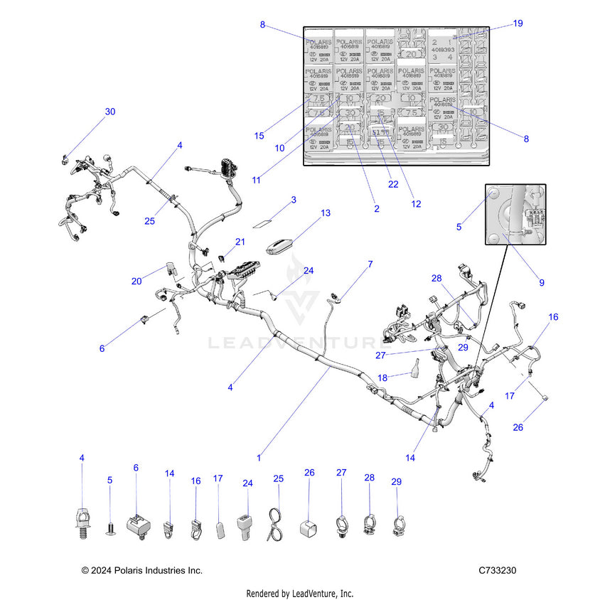 An Image of a Genuine Polaris Parts Schematic Diagram showing the schematic - ELECTRICAL: WIRE HARNESS - 2025 POLARIS RANGER 1000 XP CREW NORTHSTAR ULTIMATE