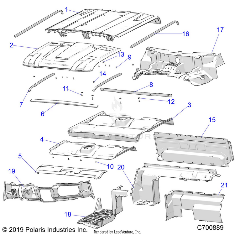 An Image of a Genuine Polaris Parts Schematic Diagram showing the schematic - OPTION: ROOF PREM PREP CLOSE OFF PANELS COVER DASH & HOOD LINER - 2020 POLARIS RANGER CREW XP 1000 FACTORY CHOICE