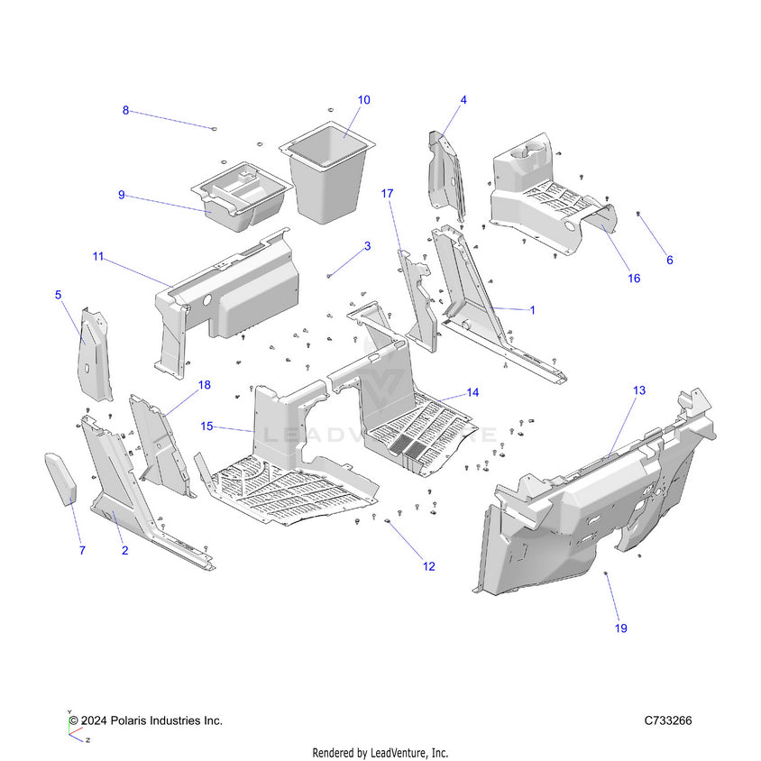 An Image of a Genuine Polaris Parts Schematic Diagram showing the schematic - BODY: FRONT FLOOR & ROCKERS - 2025 POLARIS RANGER 1000 XP CREW WATERFOWL