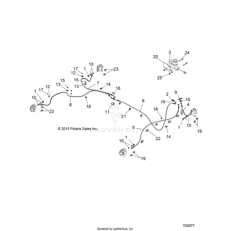 An Image of a Genuine Polaris Parts Schematic Diagram showing the schematic - BRAKES: LINES & MASTER CYLINDER - 2019 POLARIS RANGER CREW 900 EPS