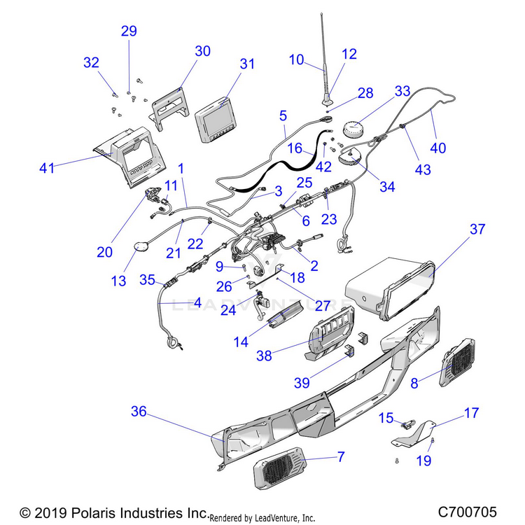 An Image of a Genuine Polaris Parts Schematic Diagram showing the schematic - OPTION: DASH RIDE COMMAND COMP STORAGE SPEAKER BIN & CONTROL PANEL - 2020 POLARIS RANGER XP 1000 BACK COUNTRY FACTORY CHOICE