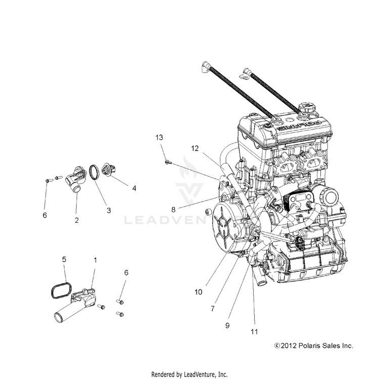 An Image of a Genuine Polaris Parts Schematic Diagram showing the schematic - ENGINE: COOLING THERMOSTAT & BYPASS - 2015 POLARIS RANGER CREW 900