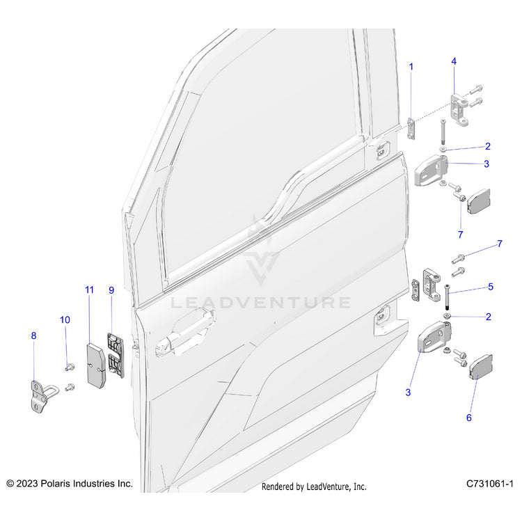 An Image of a Genuine Polaris Parts Schematic Diagram showing the schematic - BODY: DOOR MOUNTING FRONT - 2026 POLARIS RANGER XD 1500 NORTHSTAR MOUNTAINEER EDITION CREW