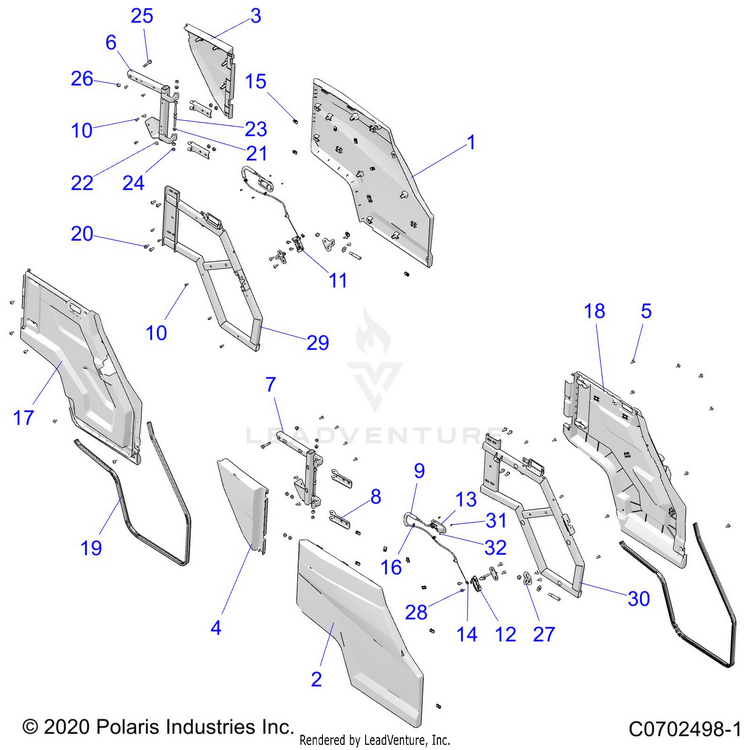 An Image of a Genuine Polaris Parts Schematic Diagram showing the schematic - BODY: DOORS REAR - 2022 POLARIS GENERAL XP 4 1000 DELUXE LIMITED LE TROY LEE