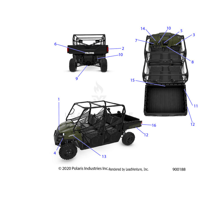 An Image of a Genuine Polaris Parts Schematic Diagram showing the schematic - BODY: DECALS - 2021 POLARIS RANGER CREW 570 FULL SIZE