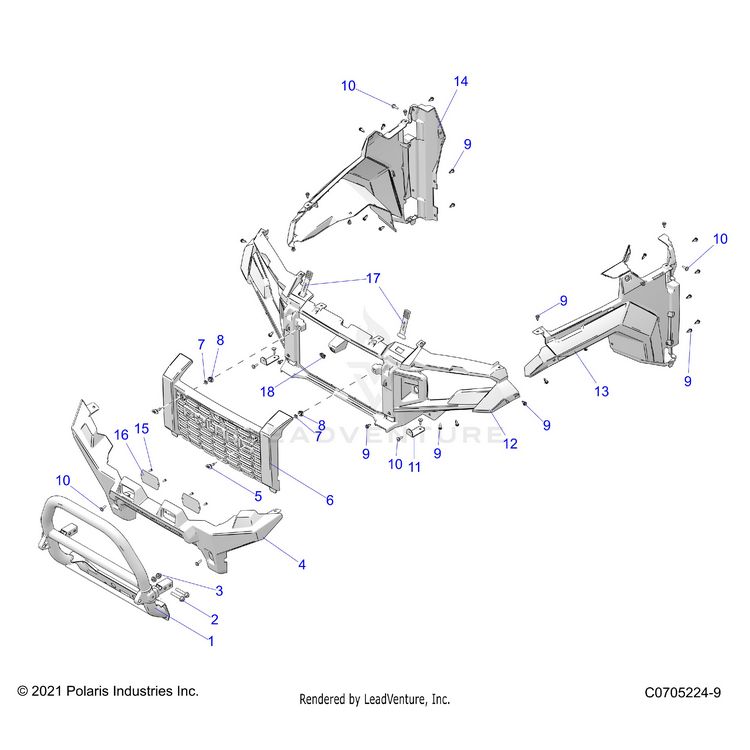 An Image of a Genuine Polaris Parts Schematic Diagram showing the schematic - BODY: FRONT BUMPER FASCIA GRILLE AND FLARES - 2024 POLARIS XPEDITION ADV 5 ULTIMATE