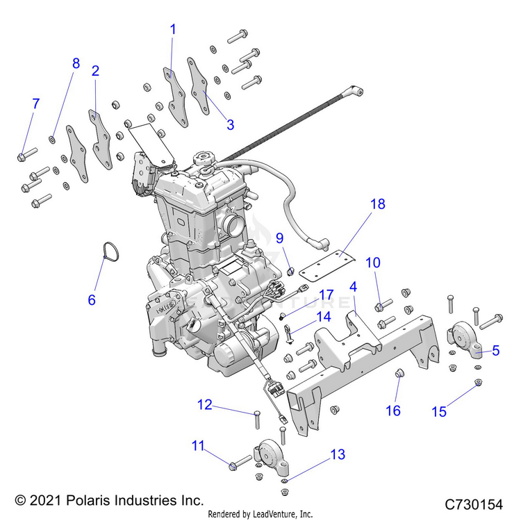 An Image of a Genuine Polaris Parts Schematic Diagram showing the schematic - ENGINE: TRANSMISSION MOUNTING & LONG BLOCK - 2024 POLARIS RANGER 570 NORTHSTAR