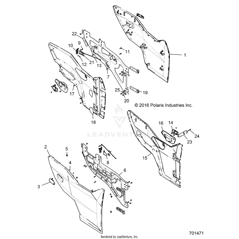 An Image of a Genuine Polaris Parts Schematic Diagram showing the schematic - BODY: DOORS - 2016 POLARIS GENERAL 1000 EPS