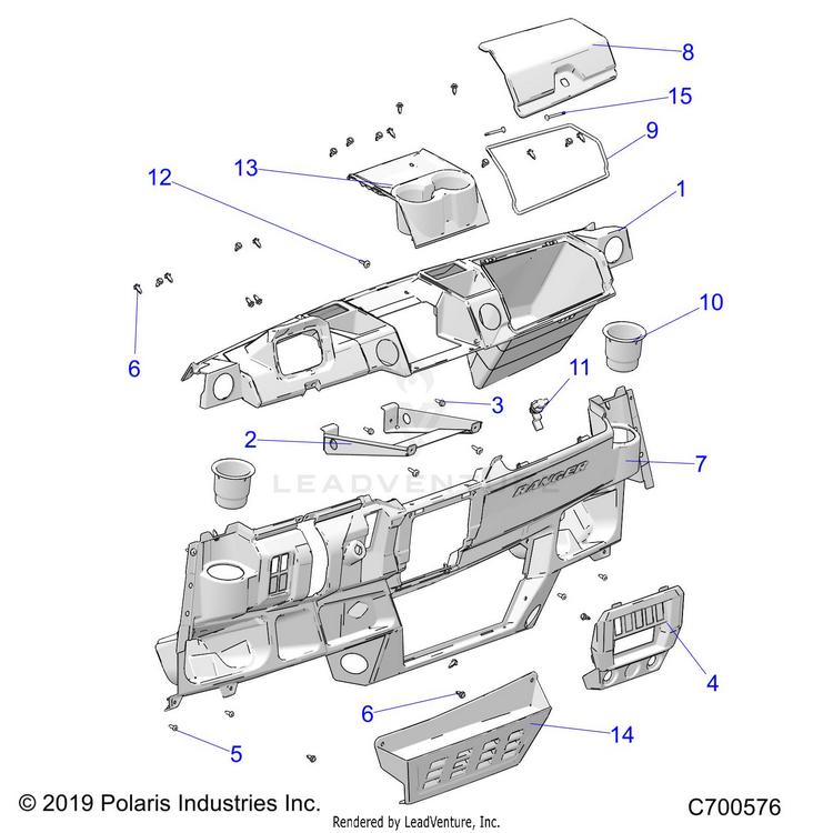 An Image of a Genuine Polaris Parts Schematic Diagram showing the schematic - BODY: DASH - 2021 POLARIS RANGER CREW 1000 EPS