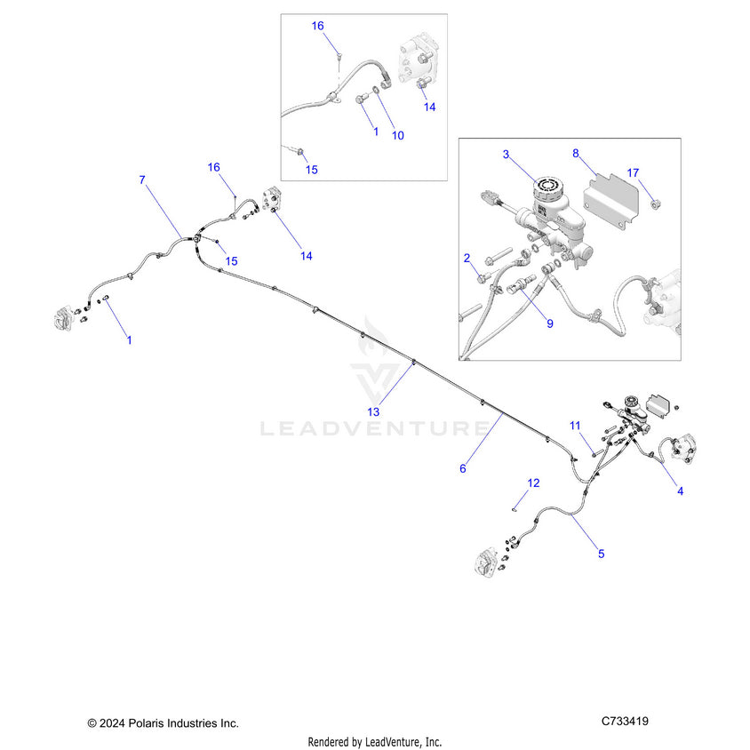 An Image of a Genuine Polaris Parts Schematic Diagram showing the schematic - BRAKES: BRAKE LINES & MASTER CYLINDER - 2025 POLARIS RANGER 570 CREW