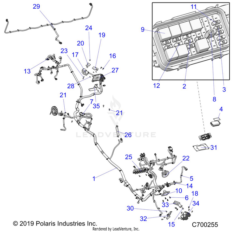 An Image of a Genuine Polaris Parts Schematic Diagram showing the schematic - ELECTRICAL: WIRE HARNESS - 2019 POLARIS RANGER CREW XP 1000 EPS HIGH LIFTER