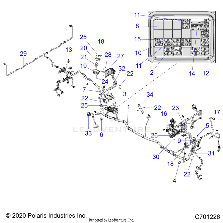An Image of a Genuine Polaris Parts Schematic Diagram showing the schematic - ELECTRICAL: WIRE HARNESS - 2021 POLARIS RANGER CREW XP 1000 NORTHSTAR TRAIL BOSS EVAP