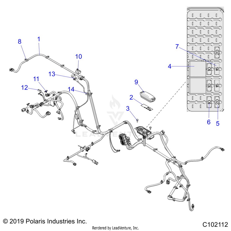 An Image of a Genuine Polaris Parts Schematic Diagram showing the schematic - ELECTRICAL: WIRE HARNESS - 2020 POLARIS RANGER 150 EFI