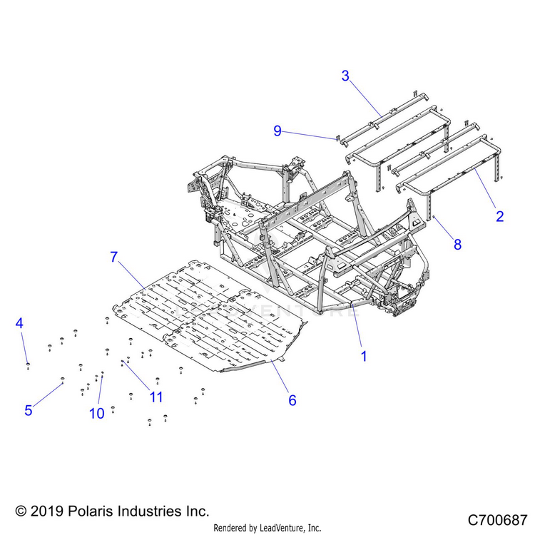 An Image of a Genuine Polaris Parts Schematic Diagram showing the schematic - CHASSIS: MAIN FRAME - 2020 POLARIS RANGER CREW 1000 FULL SIZE EPS FO