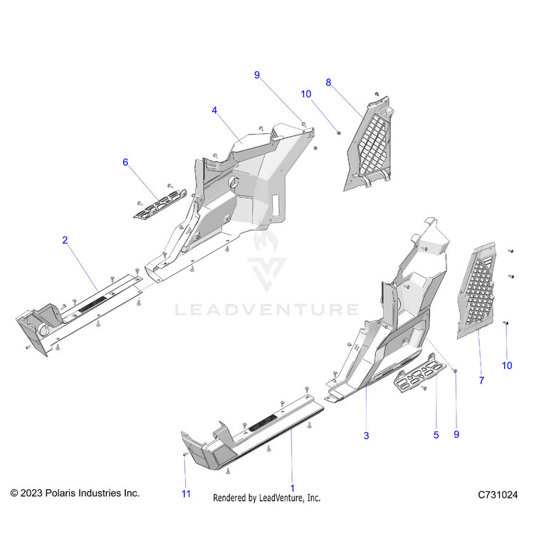 An Image of a Genuine Polaris Parts Schematic Diagram showing the schematic - BODY: REAR FENDERS & ROCKERS - 2024 POLARIS RANGER XD 1500 PREMIUM