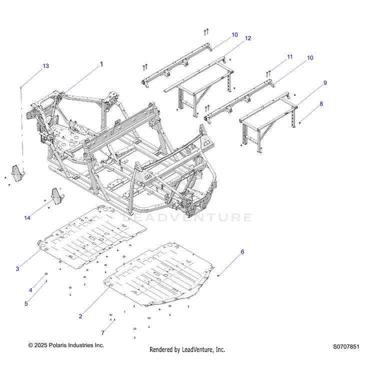 An Image of a Genuine Polaris Parts Schematic Diagram showing the schematic - CHASSIS: MAIN FRAME & SKID PLATES - 2026 POLARIS RANGER 1000 XP CREW NORTHSTAR PREMIUM
