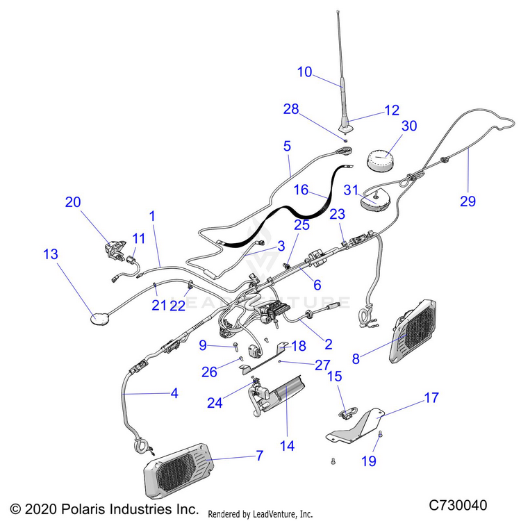 An Image of a Genuine Polaris Parts Schematic Diagram showing the schematic - ELECTRICAL: DASH COMPONENTS RIDE COMMAND - 2020 POLARIS RANGER XP 1000 NORTHSTAR ULTIMATE