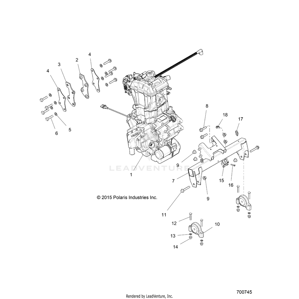 An Image of a Genuine Polaris Parts Schematic Diagram showing the schematic - ENGINE: TRANSMISSION MOUNTING & LONG BLOCK - 2016 POLARIS RANGER CREW 570-6 FULL SIZE