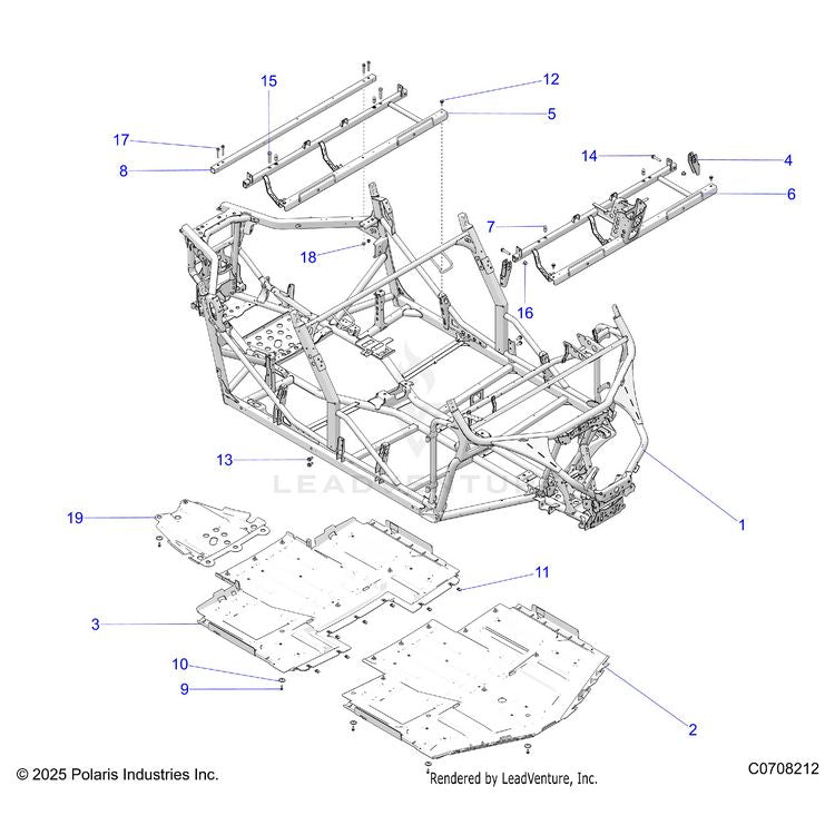 An Image of a Genuine Polaris Parts Schematic Diagram showing the schematic - CHASSIS: MAIN FRAME AND SKID PLATES - 2026 POLARIS GENERAL XP 4 1000 ULTIMATE