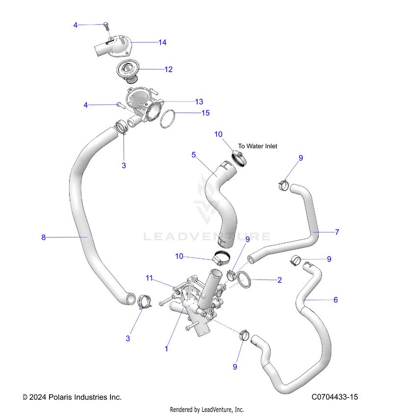 An Image of a Genuine Polaris Parts Schematic Diagram showing the schematic - ENGINE: WATERPUMP AND BYPASS - 2024 POLARIS XPEDITION ADV NORTHSTAR