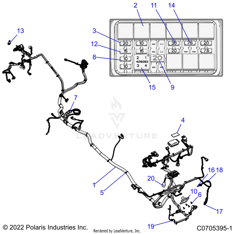 An Image of a Genuine Polaris Parts Schematic Diagram showing the schematic - ELECTRICAL: WIRE HARNESS - 2022 POLARIS RANGER CREW XP 1000 WATERFOWL EVAP