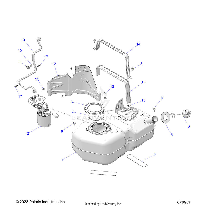 An Image of a Genuine Polaris Parts Schematic Diagram showing the schematic - FUEL: SYSTEM FUEL TANK ASSEMBLY - 2026 POLARIS RANGER XD 1500 NORTHSTAR CREW