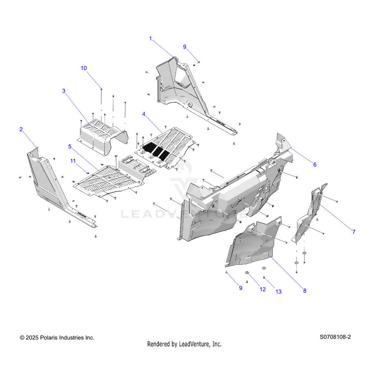 An Image of a Genuine Polaris Parts Schematic Diagram showing the schematic - BODY: FLOOR & ROCKER BASE UNITS - 2026 POLARIS RANGER 1000 EPS