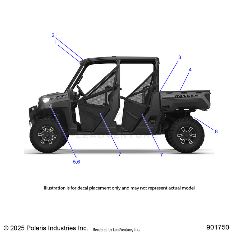 An Image of a Genuine Polaris Parts Schematic Diagram showing the schematic - BODY: DECALS GENERAL - 2026 POLARIS RANGER 1000 XP CREW PREMIUM