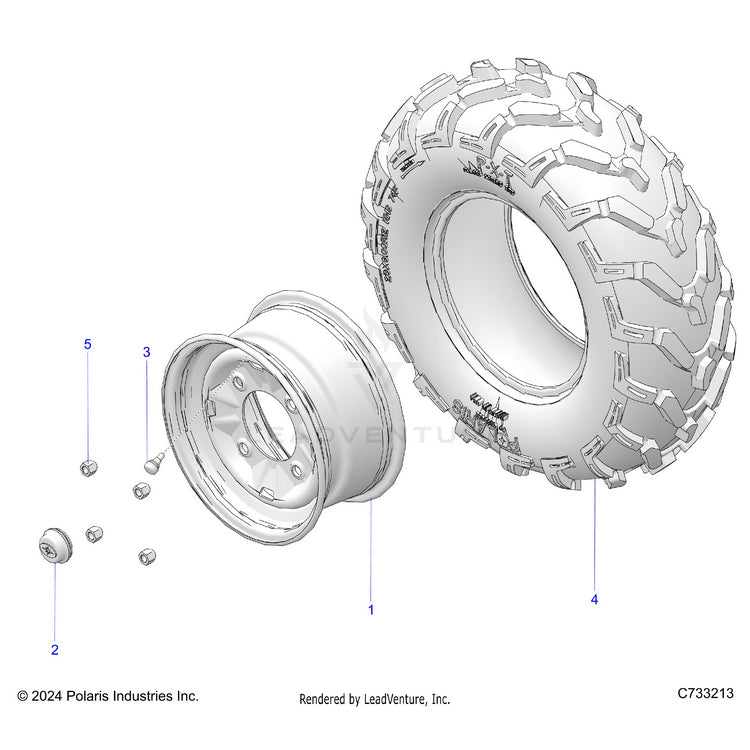 An Image of a Genuine Polaris Parts Schematic Diagram showing the schematic - WHEELS: FRONT - 2018 POLARIS RANGER 1000 EPS