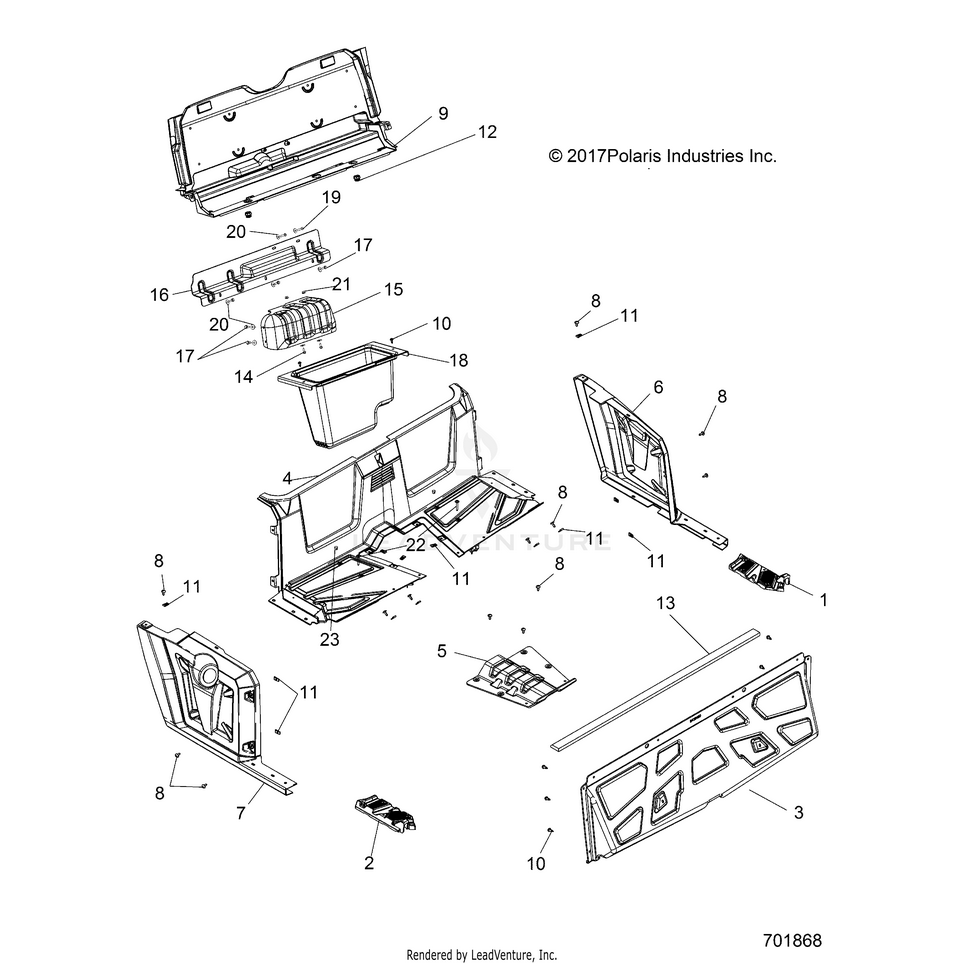 An Image of a Genuine Polaris Parts Schematic Diagram showing the schematic - BODY: REAR FLOOR & FENDERS - 2018 POLARIS RANGER CREW 570