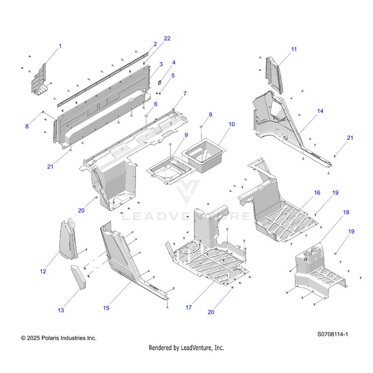 An Image of a Genuine Polaris Parts Schematic Diagram showing the schematic - BODY: REAR CLOSE OFF FENDERS & FLOOR - 2026 POLARIS RANGER 1000 XP CREW NORTHSTAR TEXAS EDITION