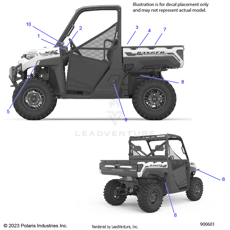 An Image of a Genuine Polaris Parts Schematic Diagram showing the schematic - BODY: DECALS GENERAL - 2024 POLARIS RANGER EV FULL SIZE PREMIUM