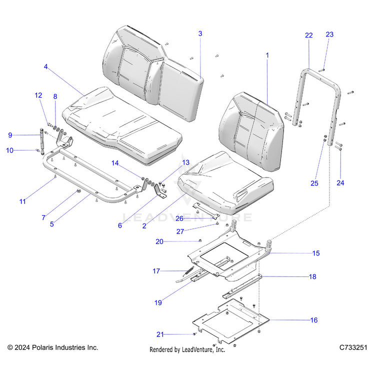 An Image of a Genuine Polaris Parts Schematic Diagram showing the schematic - BODY: SEAT & SLIDER - 2024 POLARIS RANGER 1000 XP NORTHSTAR ULTIMATE CREW