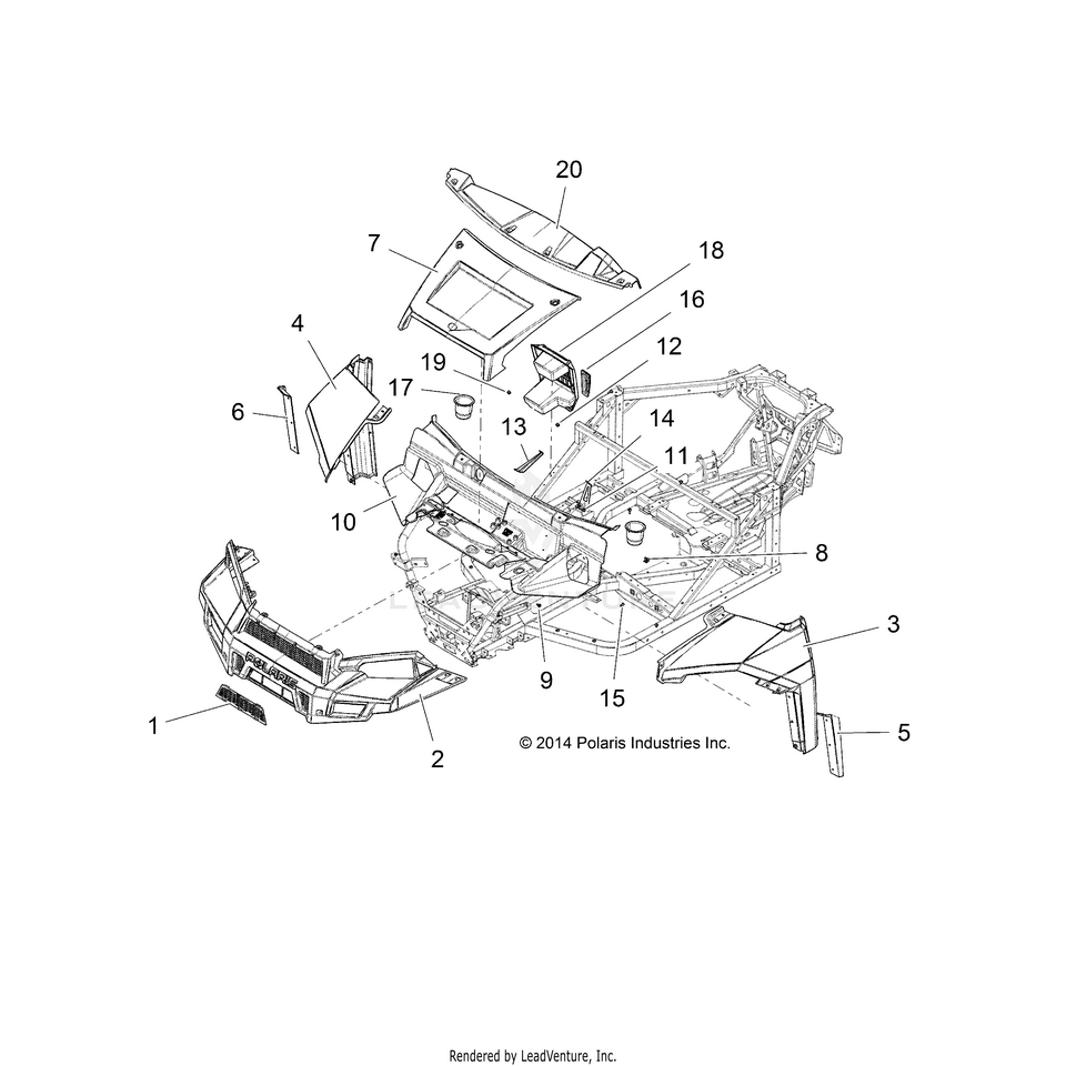An Image of a Genuine Polaris Parts Schematic Diagram showing the schematic - BODY: HOOD & FRONT FASCIA - 2015 POLARIS RANGER CREW 1000 DIESEL