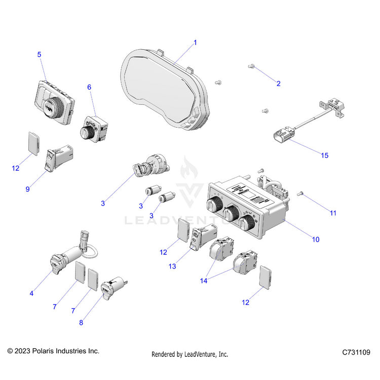 An Image of a Genuine Polaris Parts Schematic Diagram showing the schematic - ELECTRICAL: DASH COMPONENTS - 2024 POLARIS RANGER XD 1500 NORTHSTAR