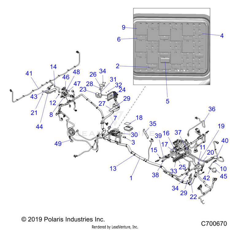 An Image of a Genuine Polaris Parts Schematic Diagram showing the schematic - ELECTRICAL: WIRE HARNESS - 2020 POLARIS RANGER CREW XP 1000 EPS NORTHSTAR RIDE COMMAND