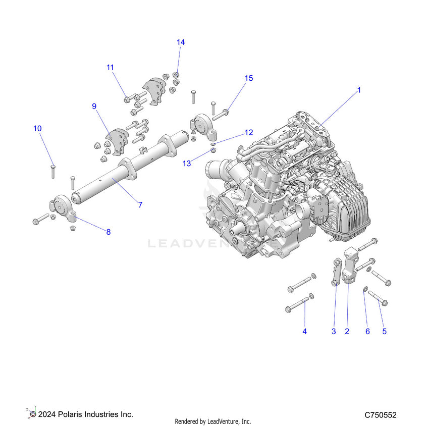 An Image of a Genuine Polaris Parts Schematic Diagram showing the schematic - ENGINE: MOUNTING & LONG BLOCK - 2017 POLARIS RANGER XP 1000
