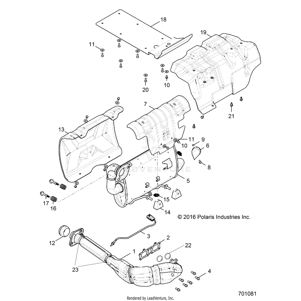 An Image of a Genuine Polaris Parts Schematic Diagram showing the schematic - ENGINE: EXHAUST SYSTEM - 2017 POLARIS GENERAL 1000 4 EPS