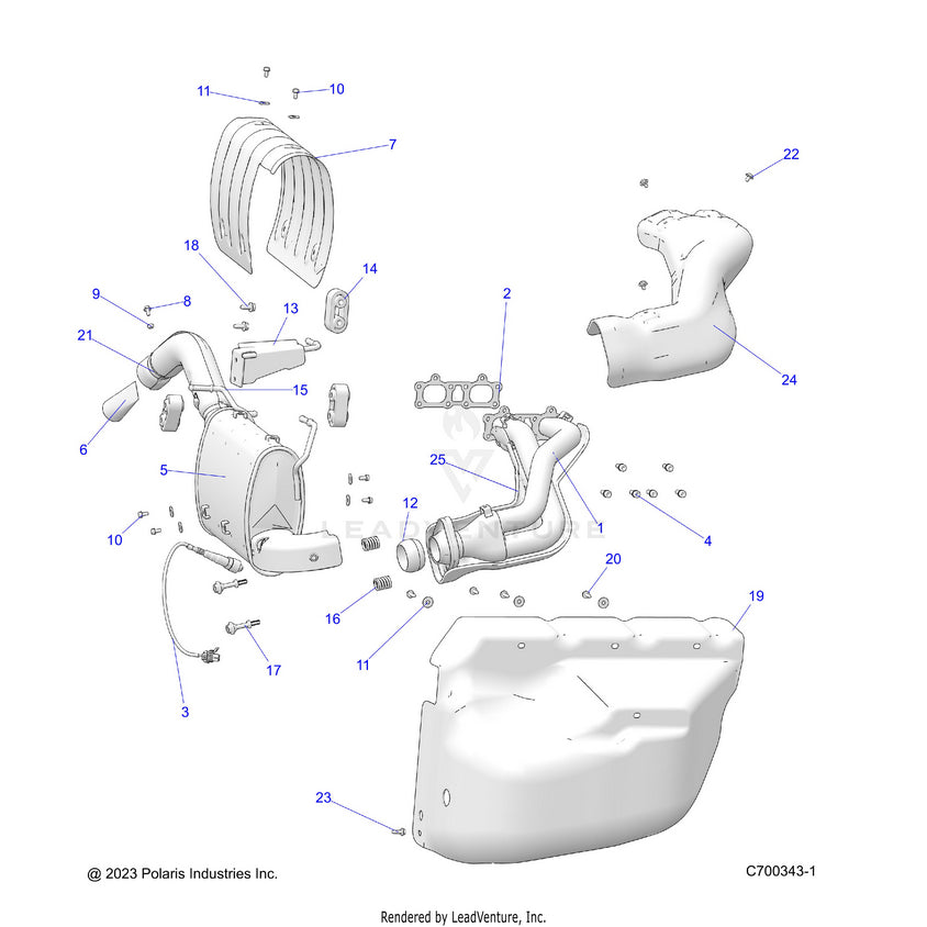 An Image of a Genuine Polaris Parts Schematic Diagram showing the schematic - ENGINE: EXHAUST SYSTEM - 2023 POLARIS RANGER XP 1000 PREMIUM