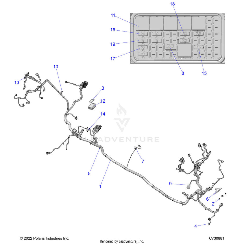 An Image of a Genuine Polaris Parts Schematic Diagram showing the schematic - ELECTRICAL: WIRE HARNESS - 2024 POLARIS RANGER 1000 XP CREW TEXAS EDITION