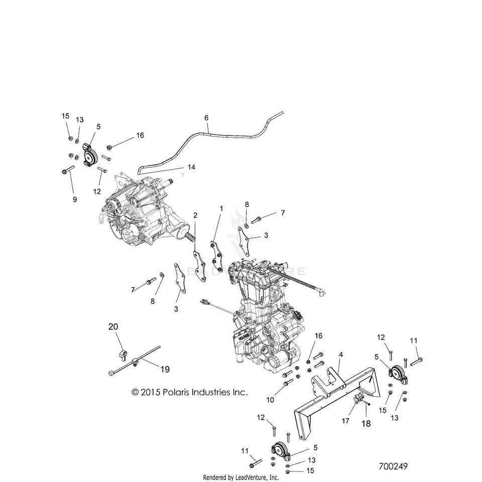 An Image of a Genuine Polaris Parts Schematic Diagram showing the schematic - ENGINE: TRANSMISSION MOUNTING & LONG BLOCK - 2018 POLARIS RANGER 570 FULL SIZE